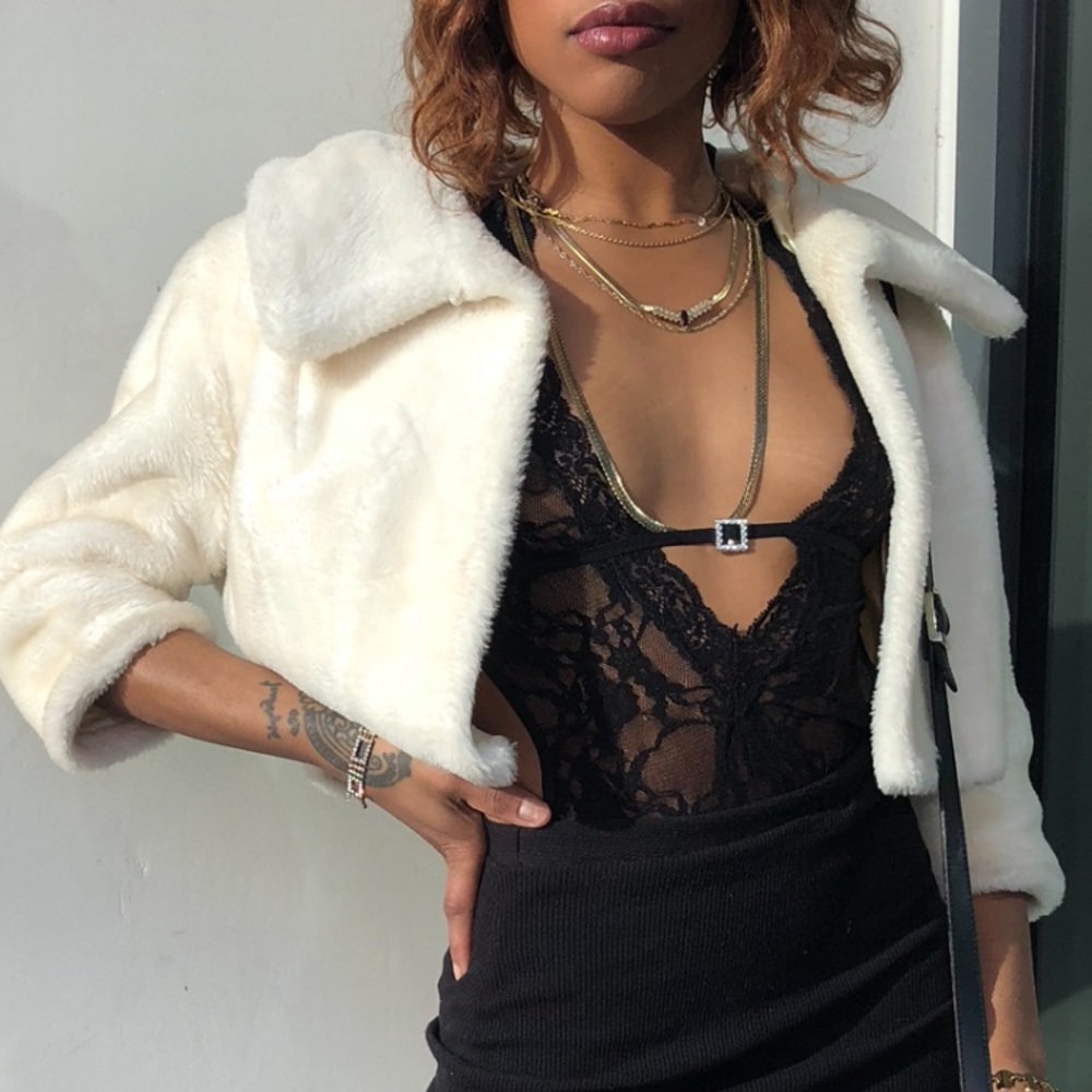 White Cropped Mini Fur Jacket